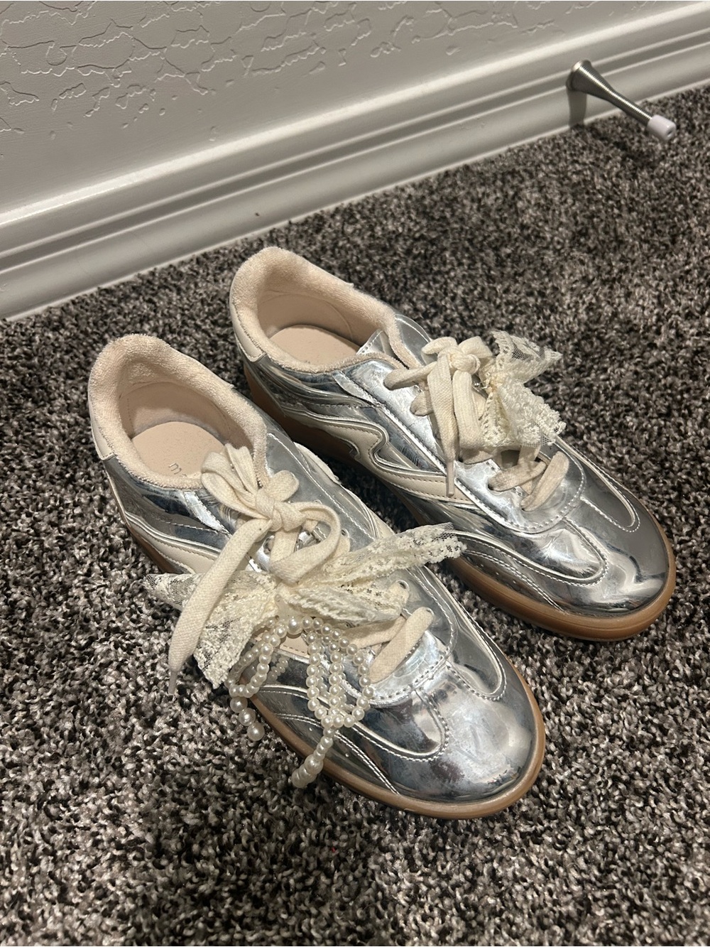Walmart Madden Girl Metallic Silver Lace-Up Sneakers with Pearl & Lace Accents